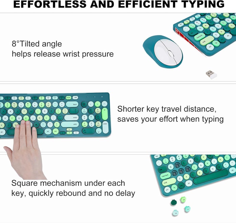 GUKJOB Wireless Keyboard and Mouse Combo, Retro Typewriter Keyboard with Round Keycaps, 2.4GHz USB Cute Wireless Keyboard Mouse for Computer, Desktop (Green) - Image 4